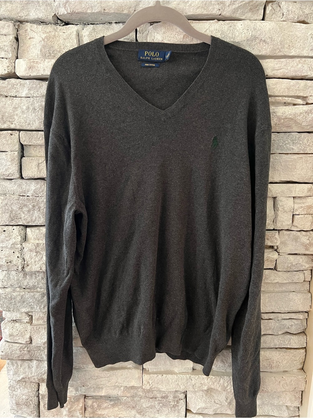 Ralph Lauren V-Neck Sweater in Charcoal Gray Pima Cotton Size Large